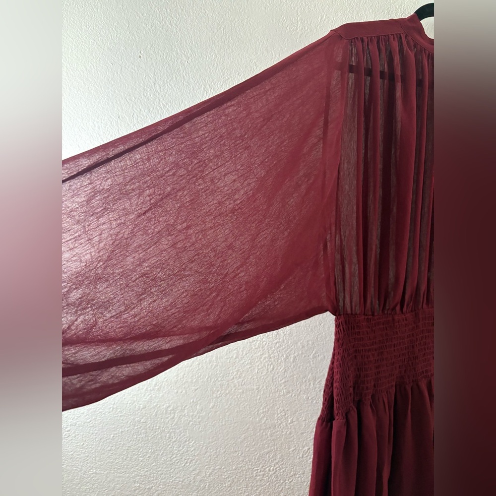 Aeom Dress Antique Berry Burgundy Long Sleeve Smoked Tiered Boho sheer Size XL - Picture 4 of 9
